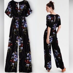 New American Eagle Black Smocked Kimono Jumpsuit
